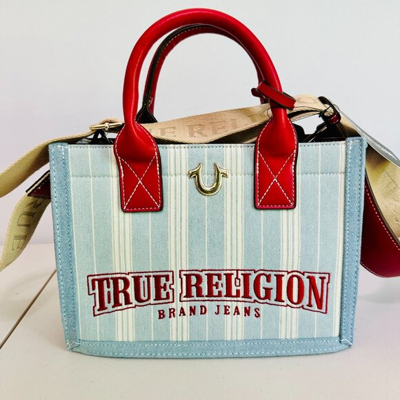 TRUE RELIGION BRAND JEANS DENIM STRIPE CROSSBODY SATCHEL BAG - Picture 3 of 12